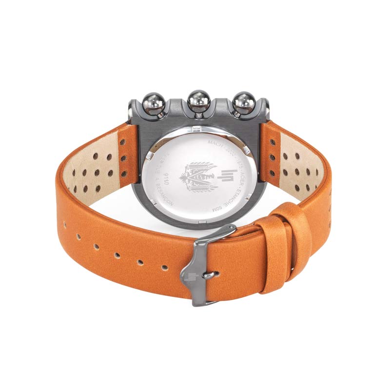 Montre Mach 2000 Chronographe Acier avec bracelet en cuir gold perforé créée par Roger Tallon