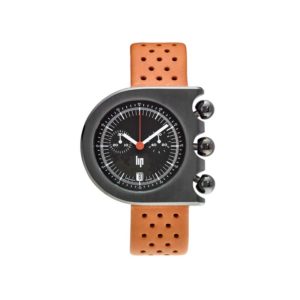 Montre Mach 2000 Chronographe Acier avec bracelet en cuir gold perforé créée par Roger Tallon