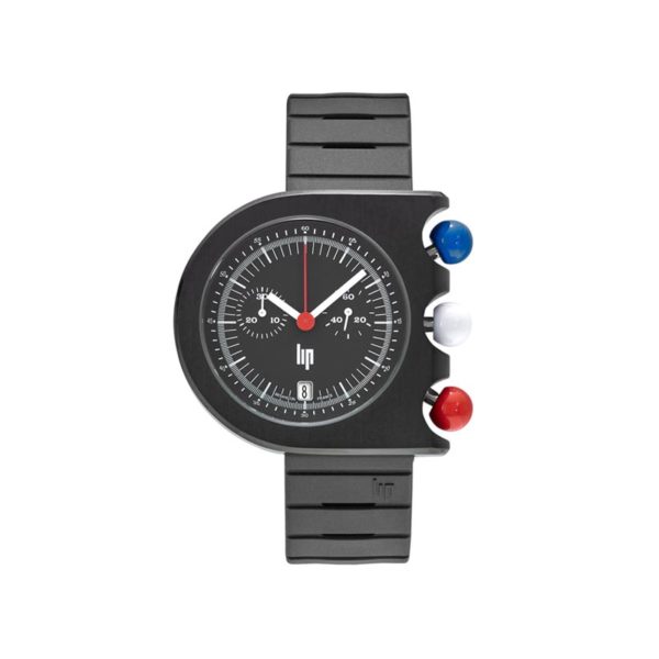 Montre Mach 2000 Chronographe Bleu Blanc Rouge avec bracelet en caoutchouc noir créée par Roger Tallon