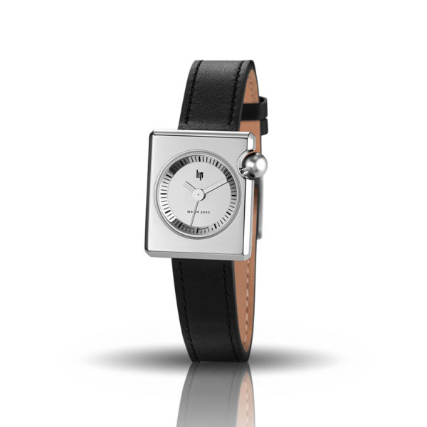 Montre Mach 2000 Mini Square argent avec bracelet en cuir noir créée par Roger Tallon