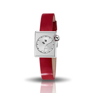 Montre Mach 2000 Mini square argent avec bracelet en cuir rouge créée par Roger Tallon