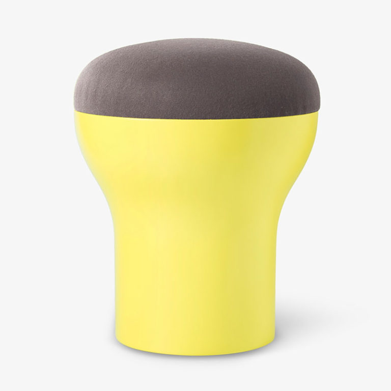 Tabouret Cryptogamme pied jaune, coussin taupe, design Roger Tallon Sentou Edition